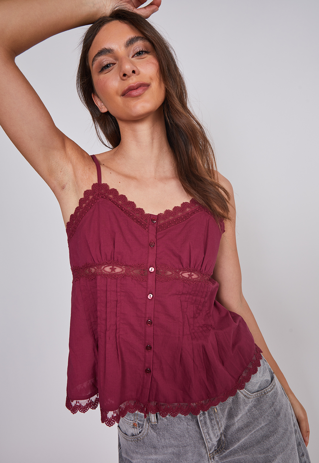 Blusa Mujer Bordado Botones Burdeo Sioux 2