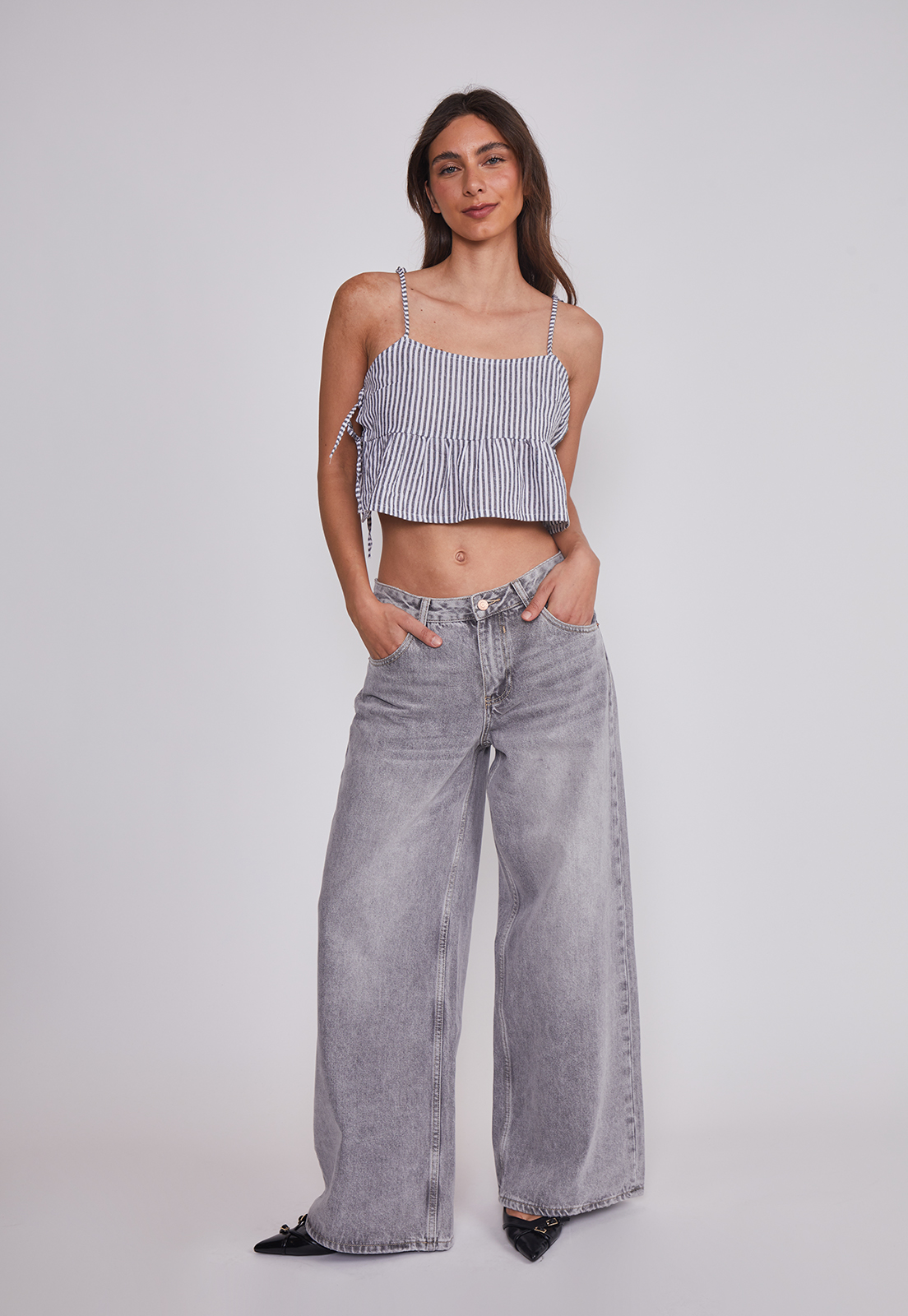 Blusa Mujer Listada Lazos Gris Sioux 3