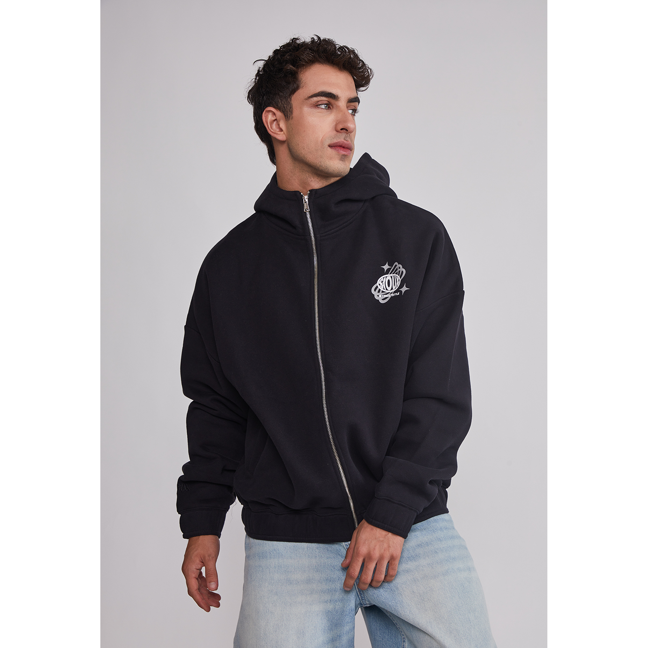 Polerón Hombre Cierre Boxy Fit Negro Sioux 1