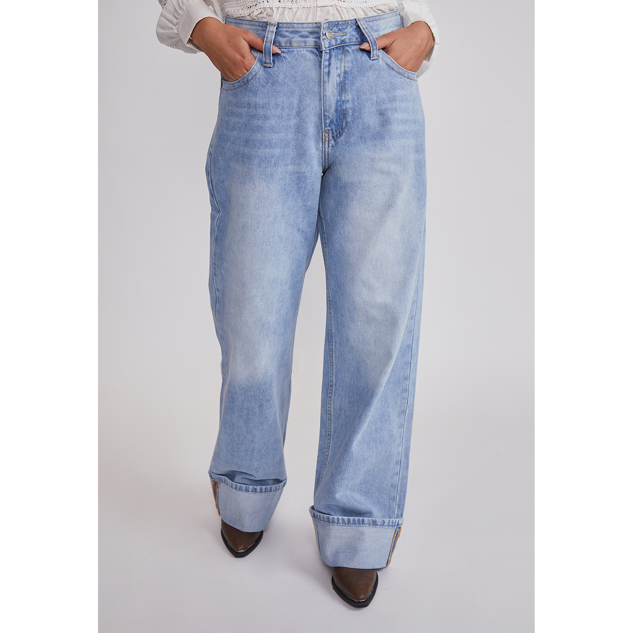 Jeans Mujer Folded Tiro Alto Celeste Sioux 1