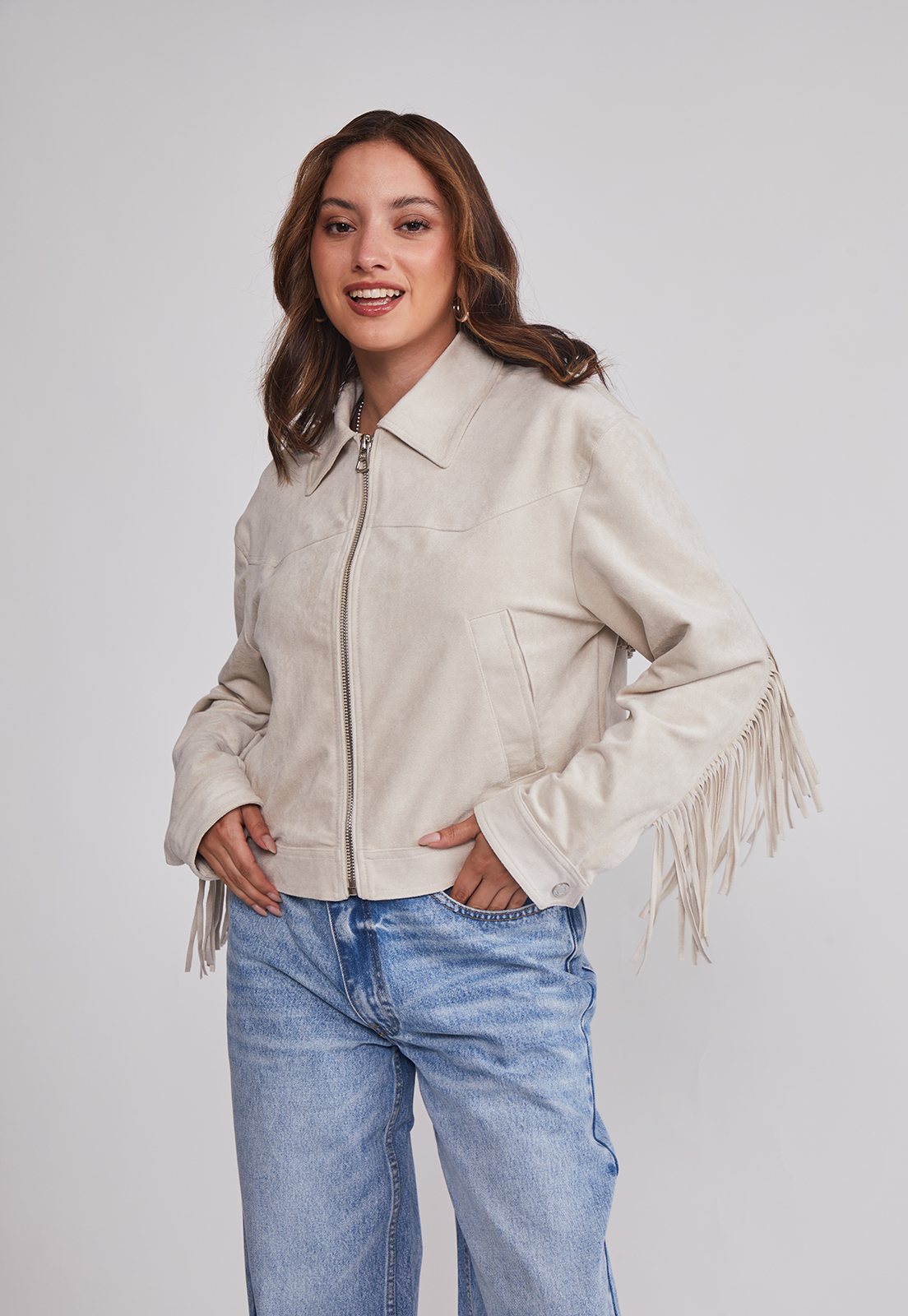 Chaqueta Mujer Suede Flecos Crudo Sioux 1