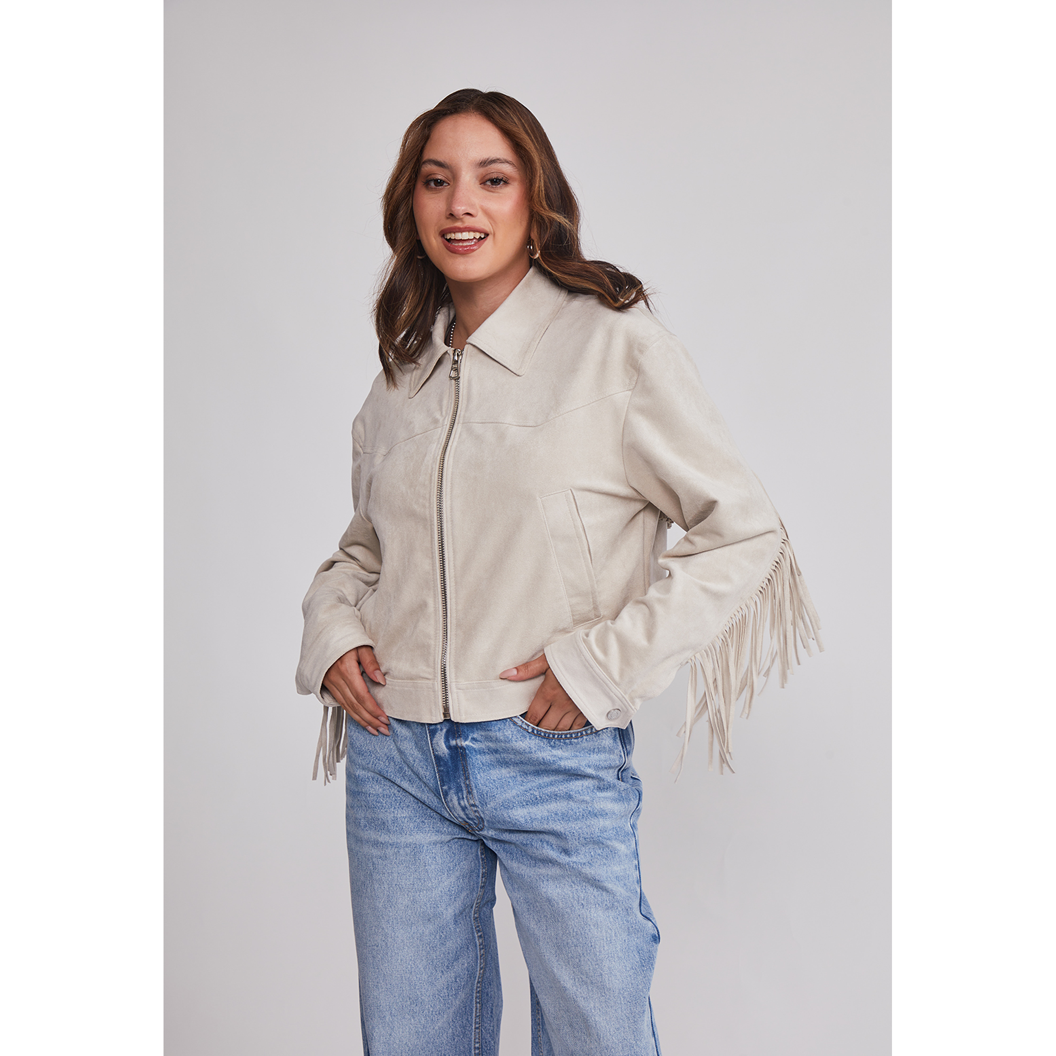 Chaqueta Mujer Suede Flecos Crudo Sioux 1