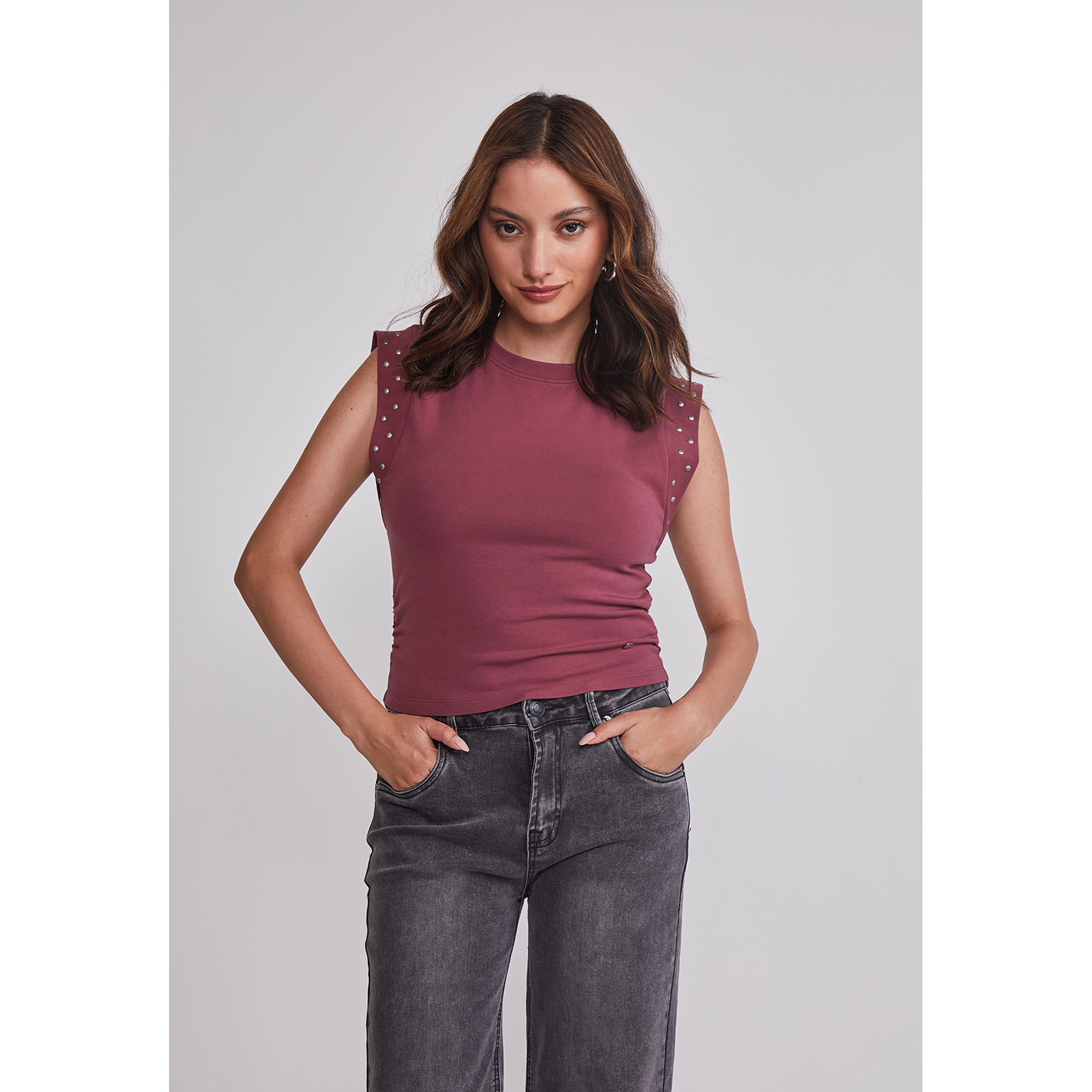 Polera Mujer Tachas Mangas Burdeo Sioux 1