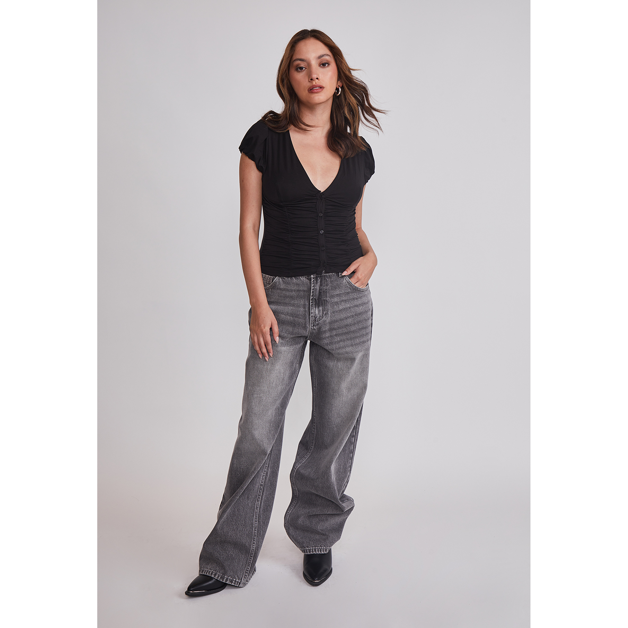 Polera Mujer Botones Recogido Negro Sioux 2