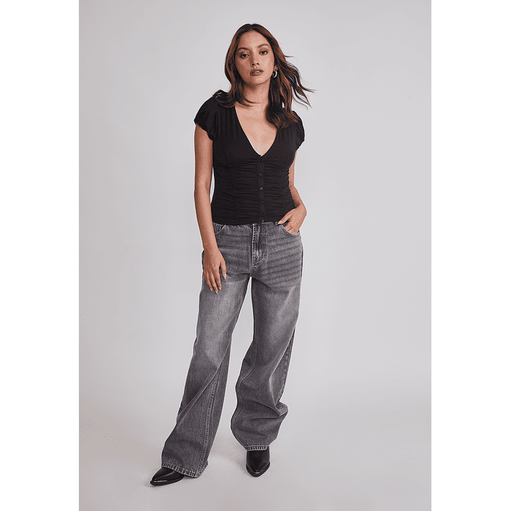 Polera Mujer Botones Recogido Negro Sioux 2