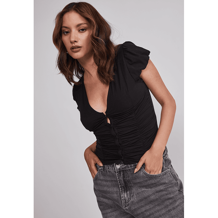 Polera Mujer Botones Recogido Negro Sioux 5