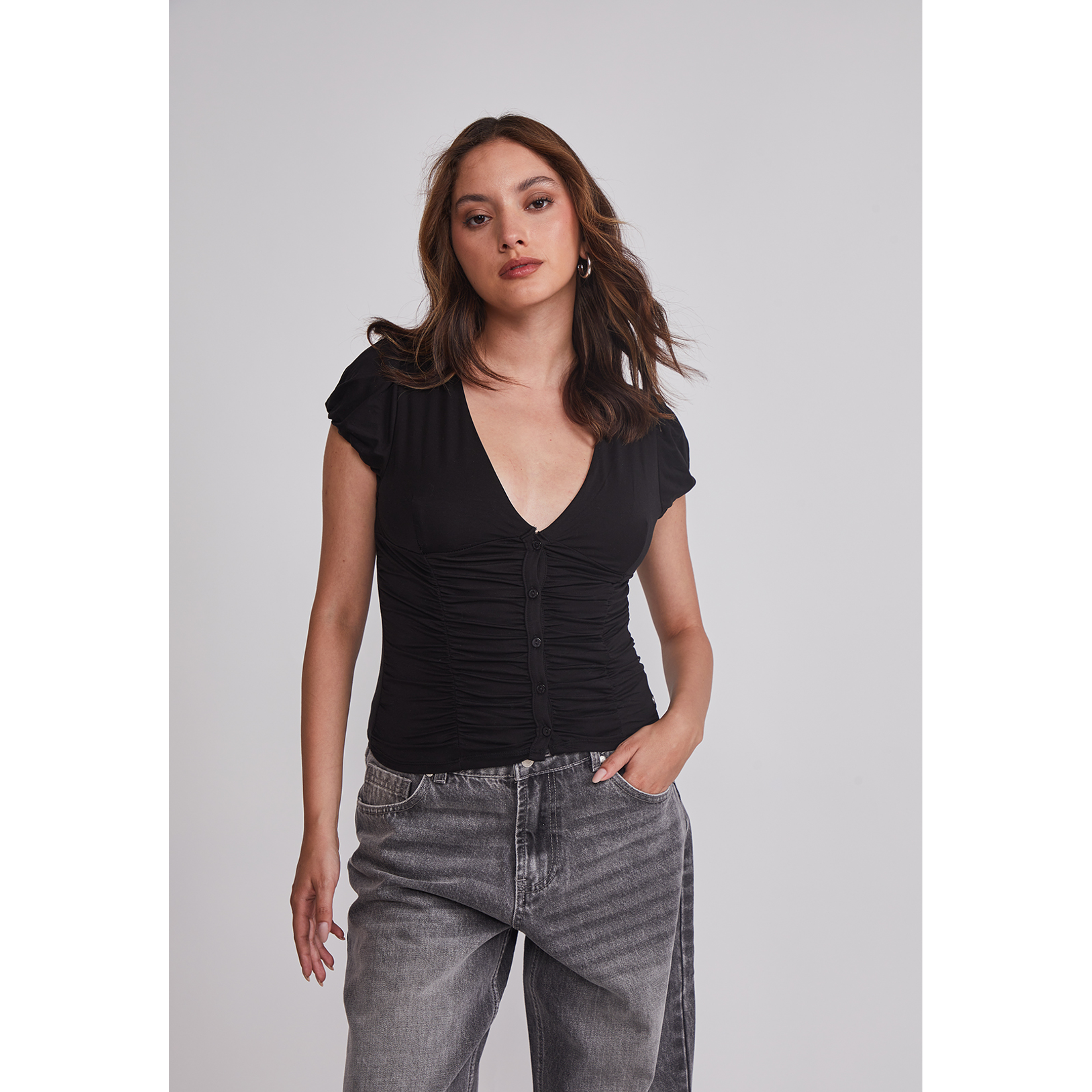 Polera Mujer Botones Recogido Negro Sioux 1