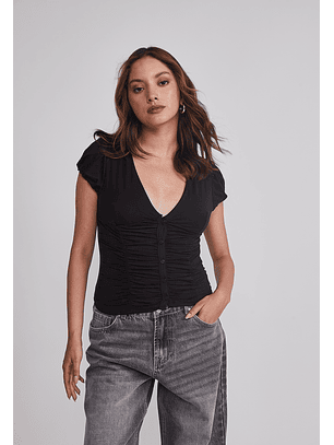 Polera Mujer Botones Recogido Negro Sioux