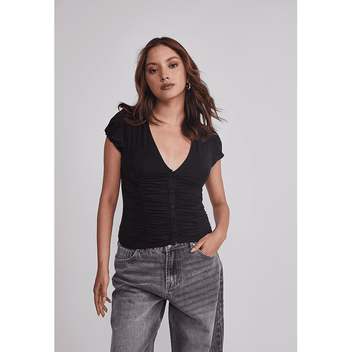 Polera Mujer Botones Recogido Negro Sioux 1