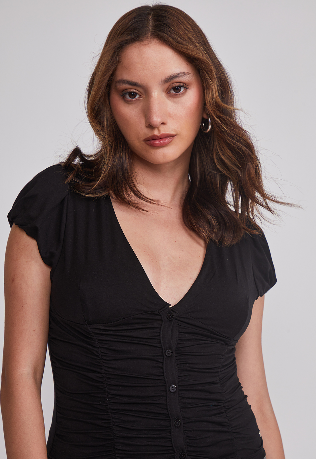 Polera Mujer Botones Recogido Negro Sioux 4