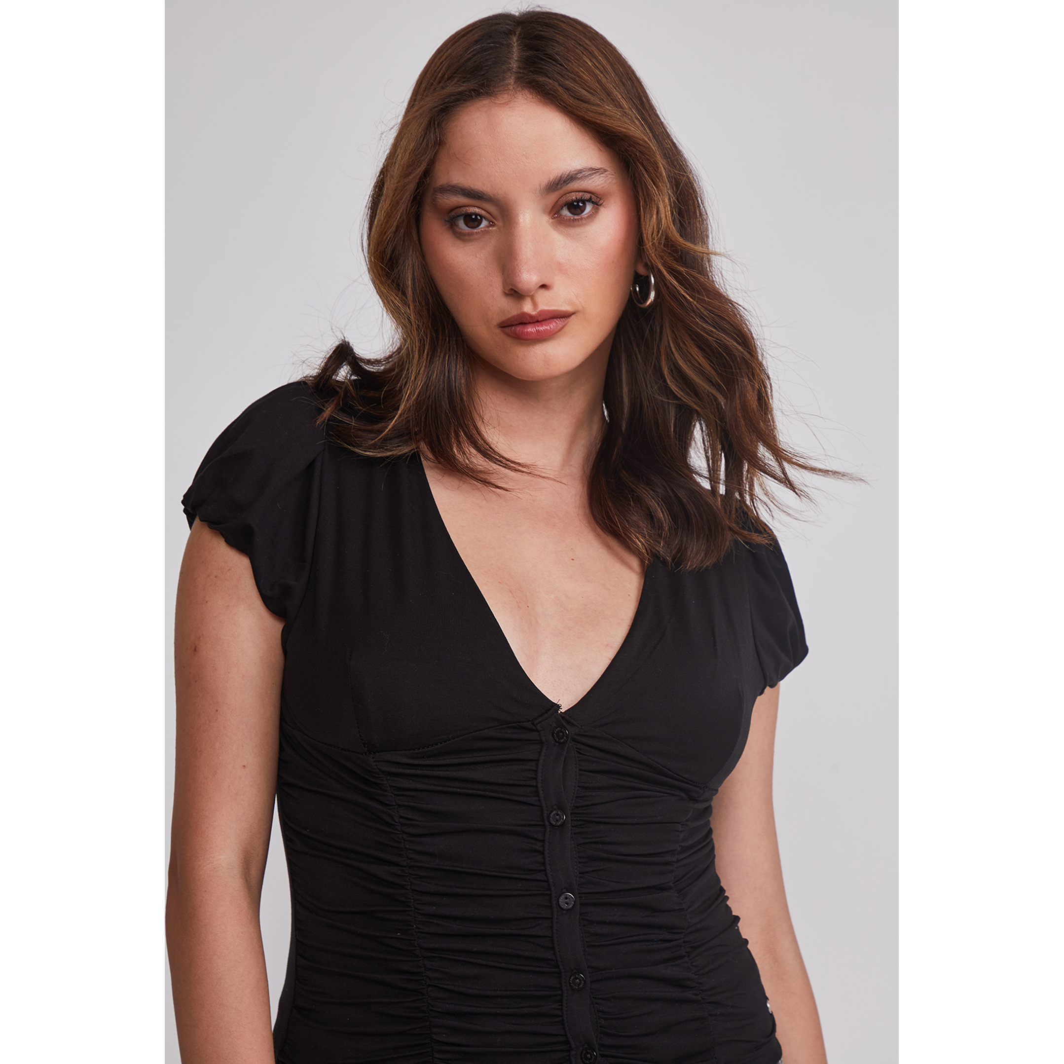 Polera Mujer Botones Recogido Negro Sioux 4