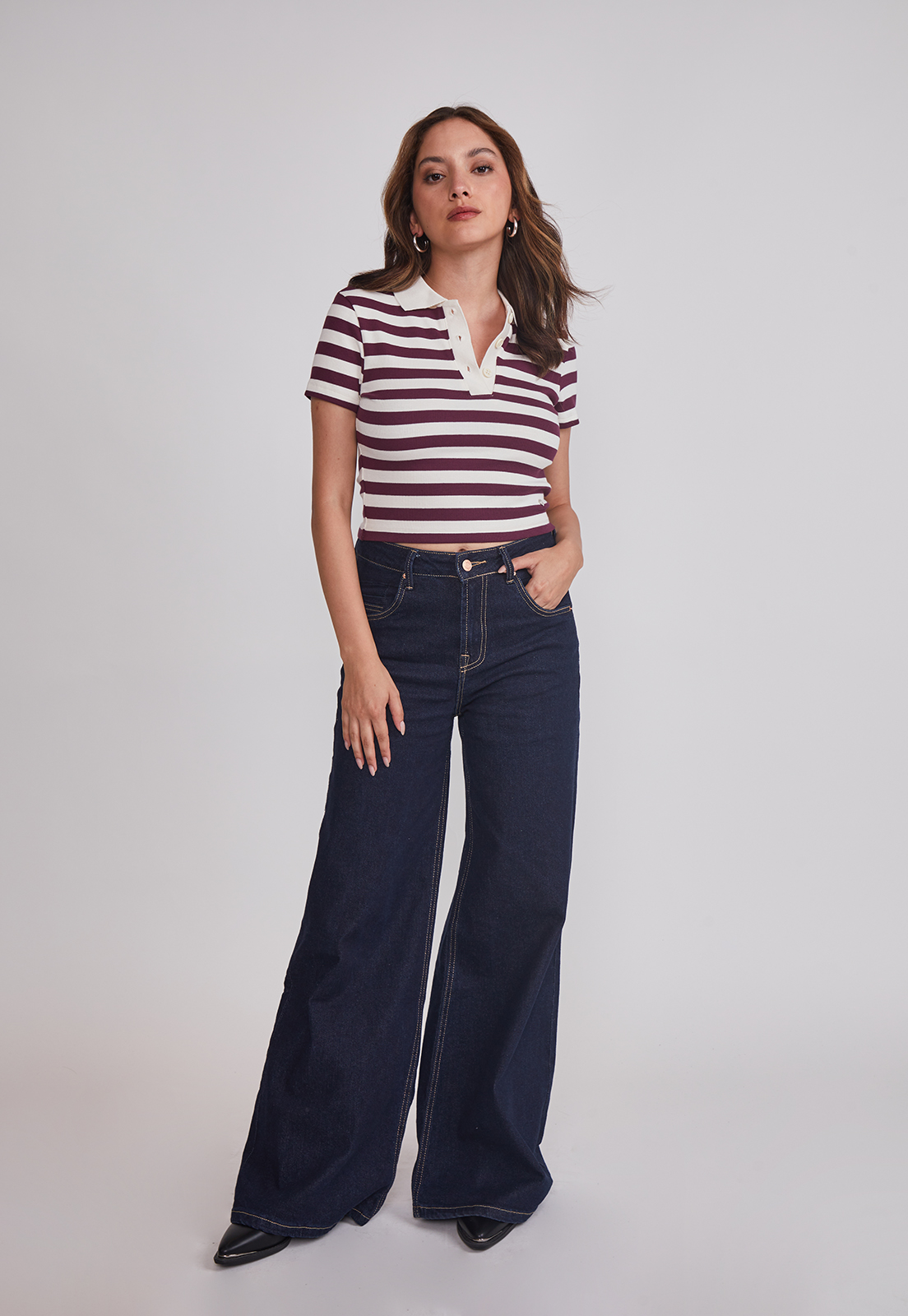 Polera Mujer Listada Con Cuello Burdeo Sioux 3