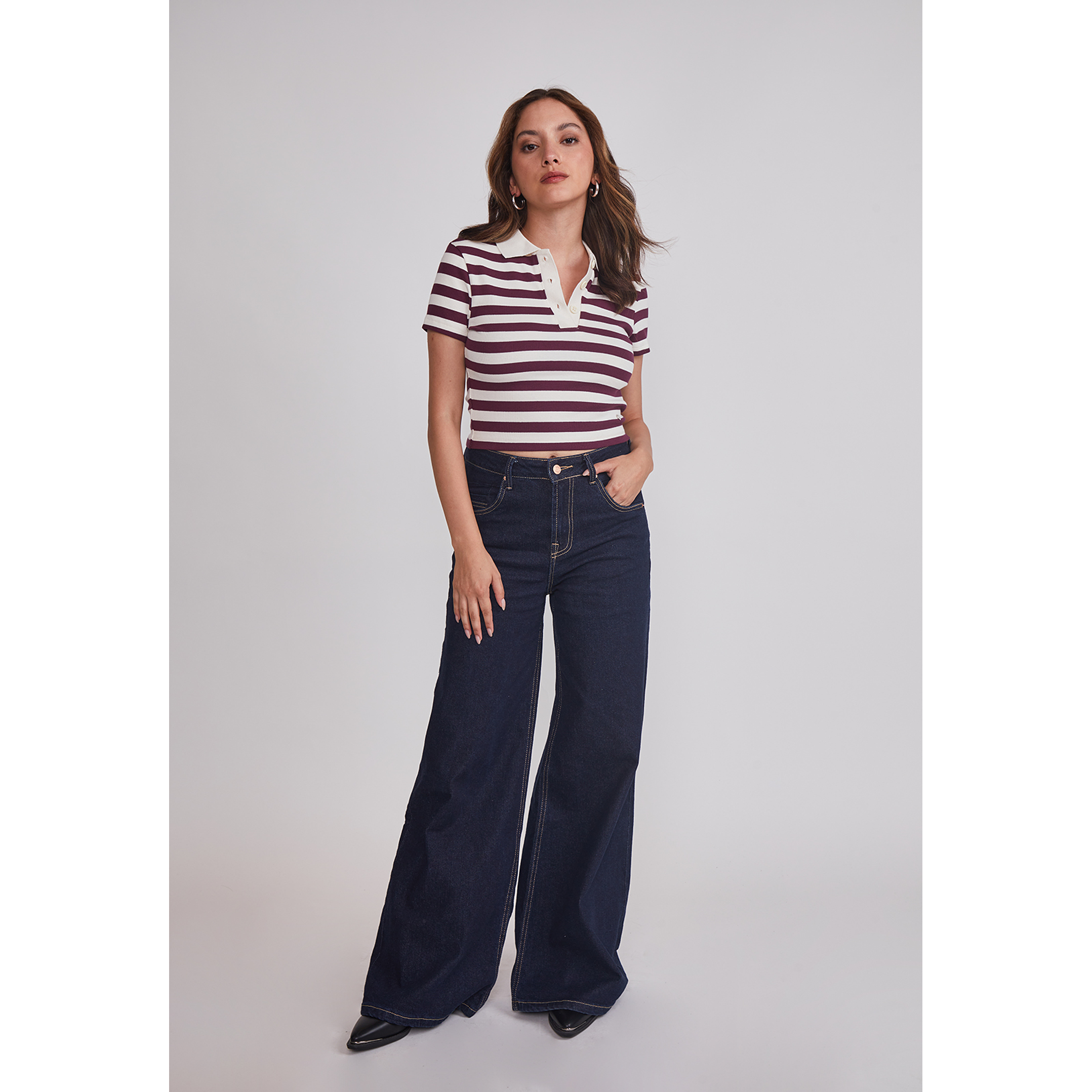 Polera Mujer Listada Con Cuello Burdeo Sioux 2