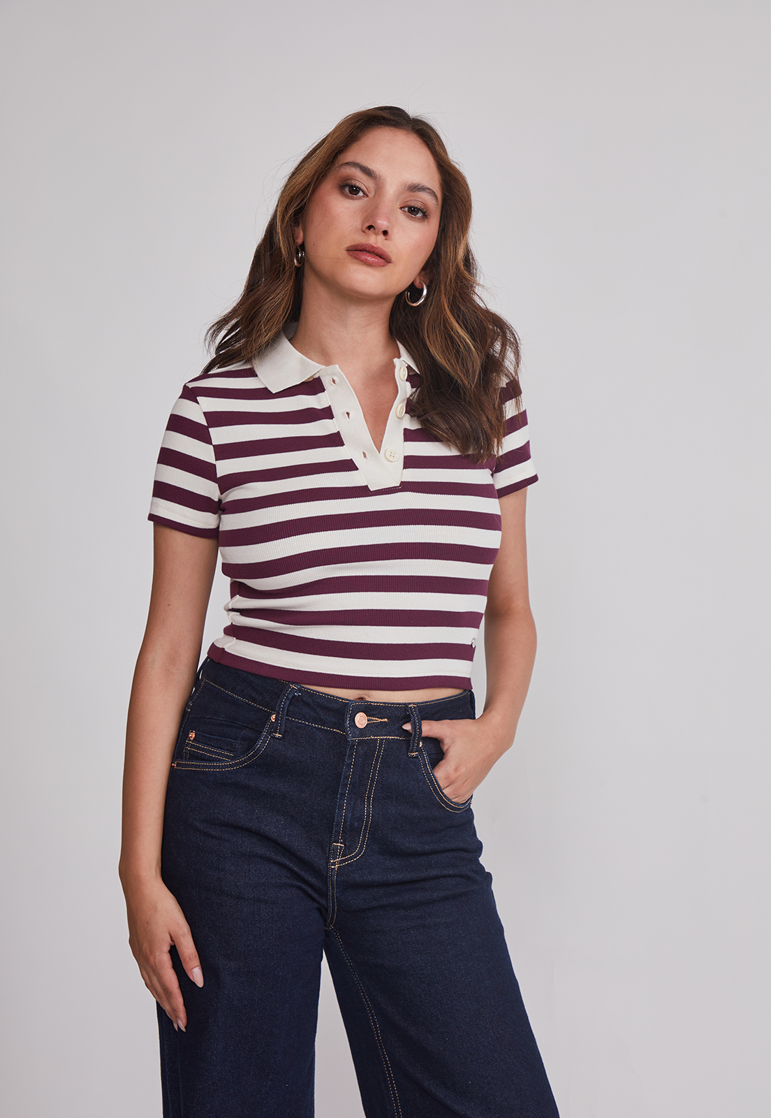 Polera Mujer Listada Con Cuello Burdeo Sioux 1