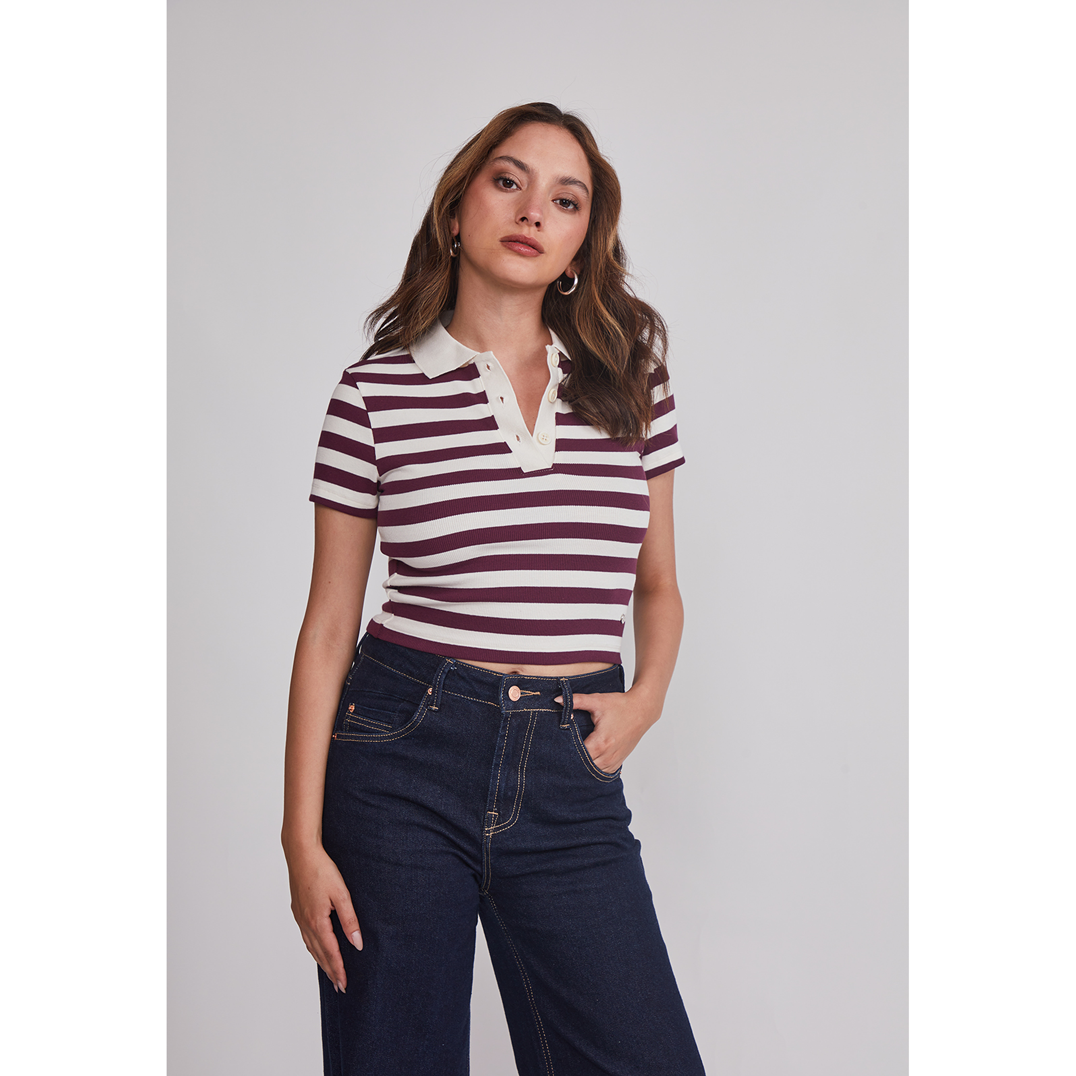 Polera Mujer Listada Con Cuello Burdeo Sioux 1