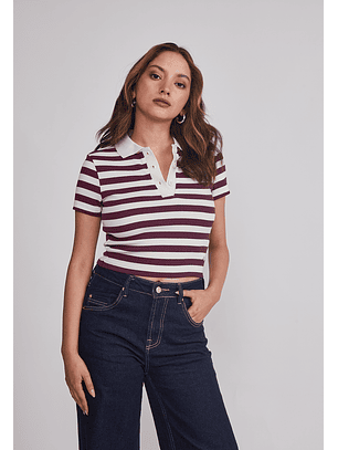 Polera Mujer Listada Con Cuello Burdeo Sioux