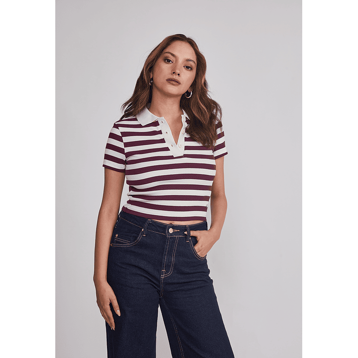 Polera Mujer Listada Con Cuello Burdeo Sioux 1