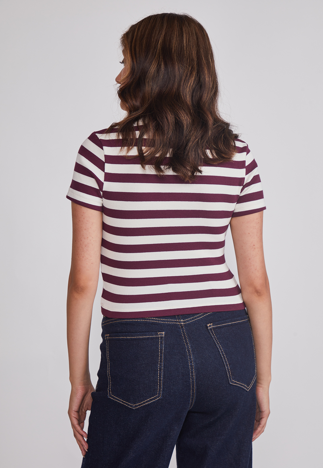 Polera Mujer Listada Con Cuello Burdeo Sioux 2