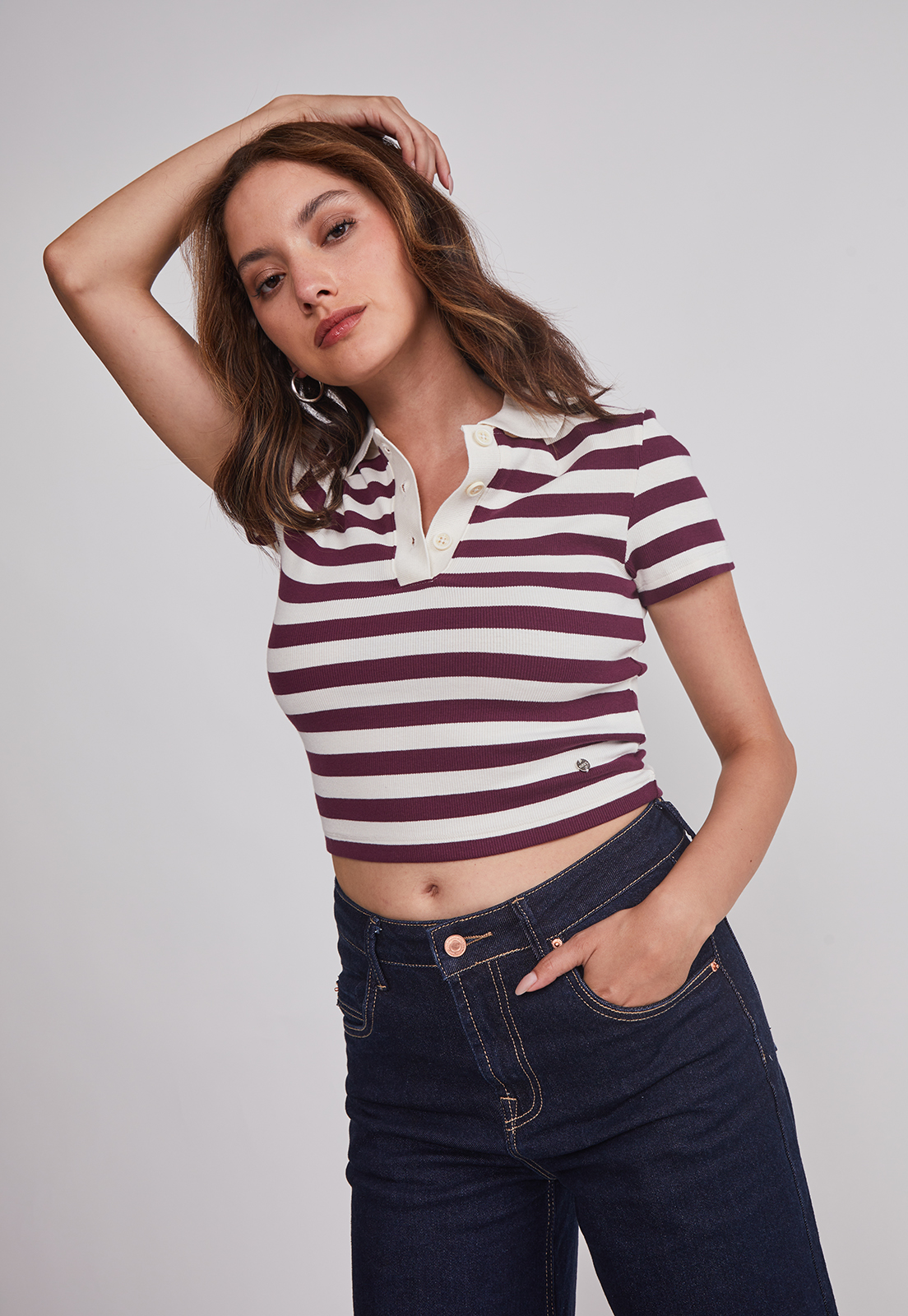 Polera Mujer Listada Con Cuello Burdeo Sioux 5