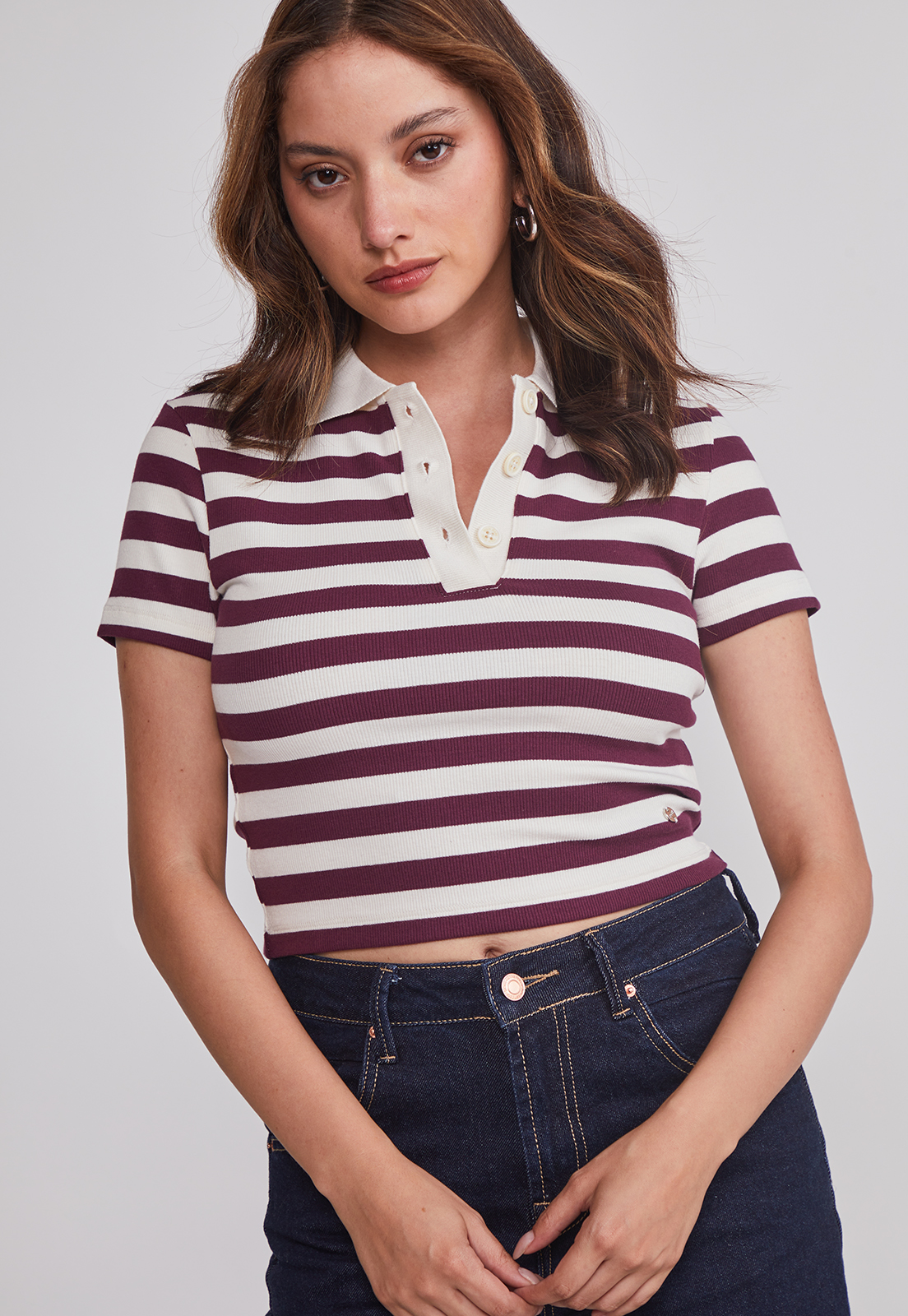 Polera Mujer Listada Con Cuello Burdeo Sioux 4