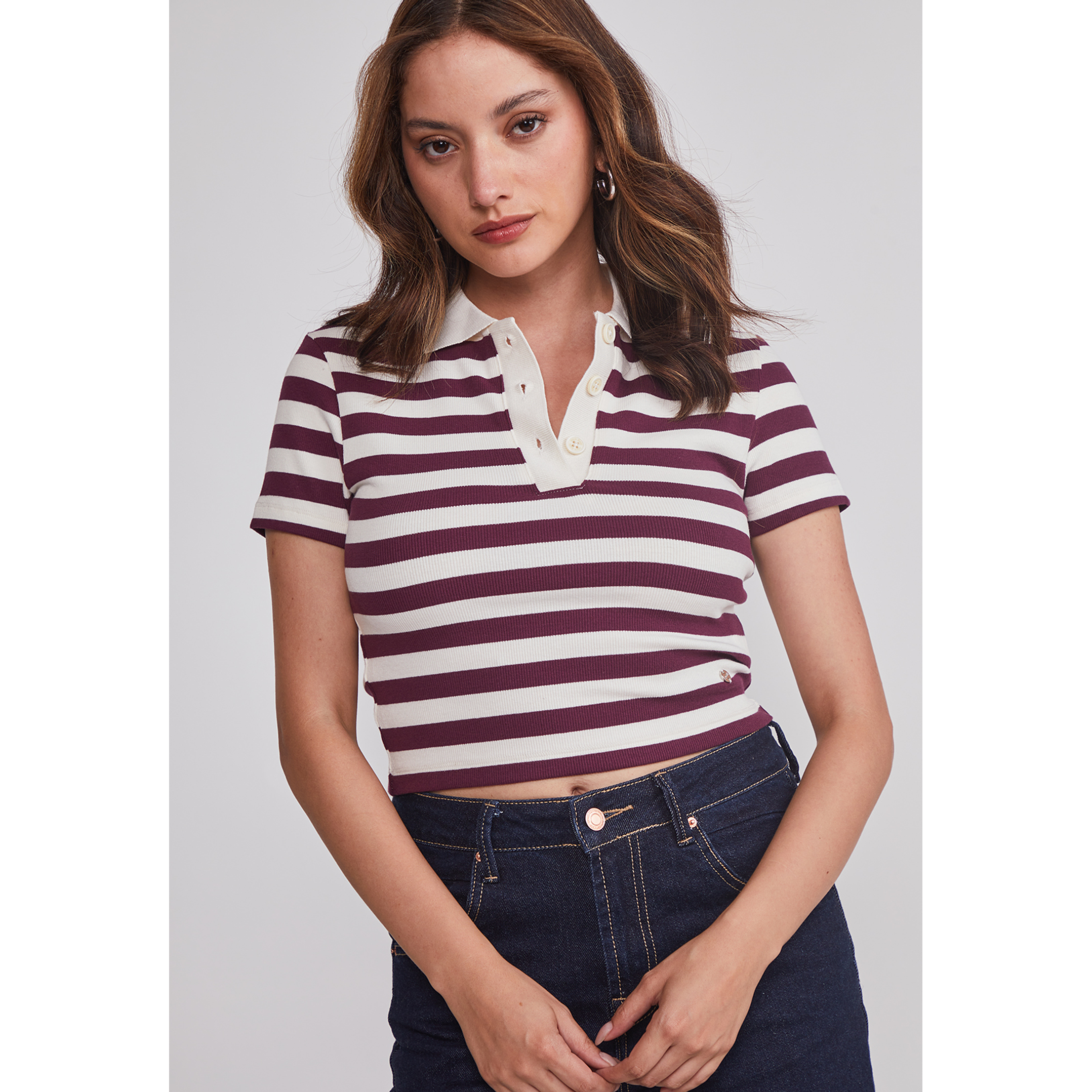 Polera Mujer Listada Con Cuello Burdeo Sioux 4