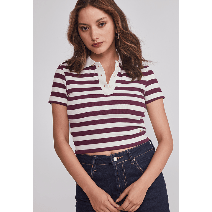 Polera Mujer Listada Con Cuello Burdeo Sioux 4