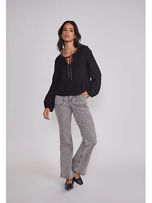 Jeans Mujer Flare Tiro Alto Gris Sioux