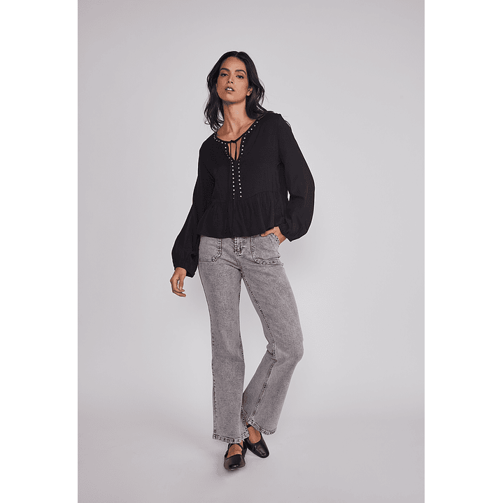 Jeans Mujer Flare Tiro Alto Gris Sioux 3