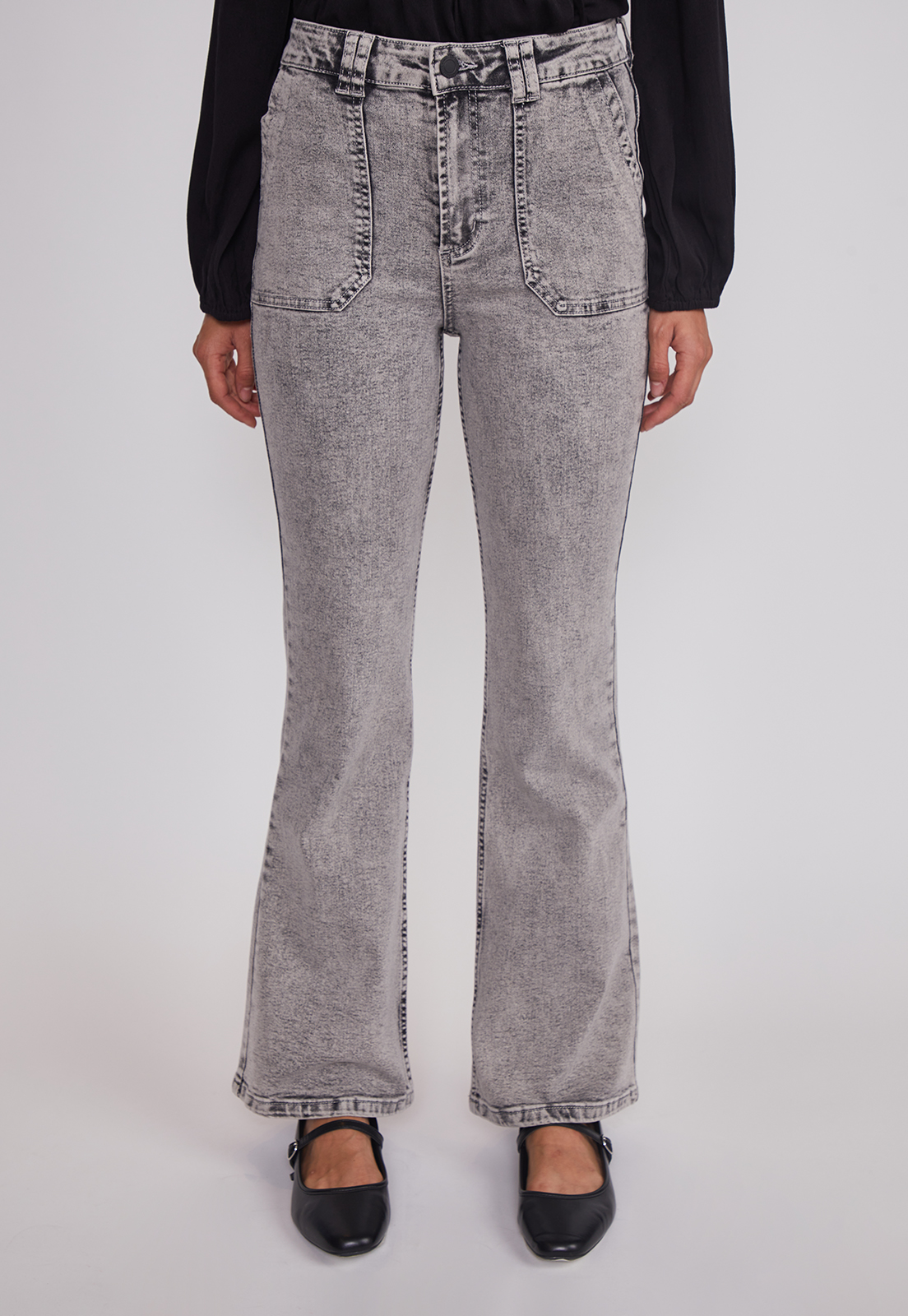 Jeans Mujer Flare Tiro Alto Gris Sioux 1