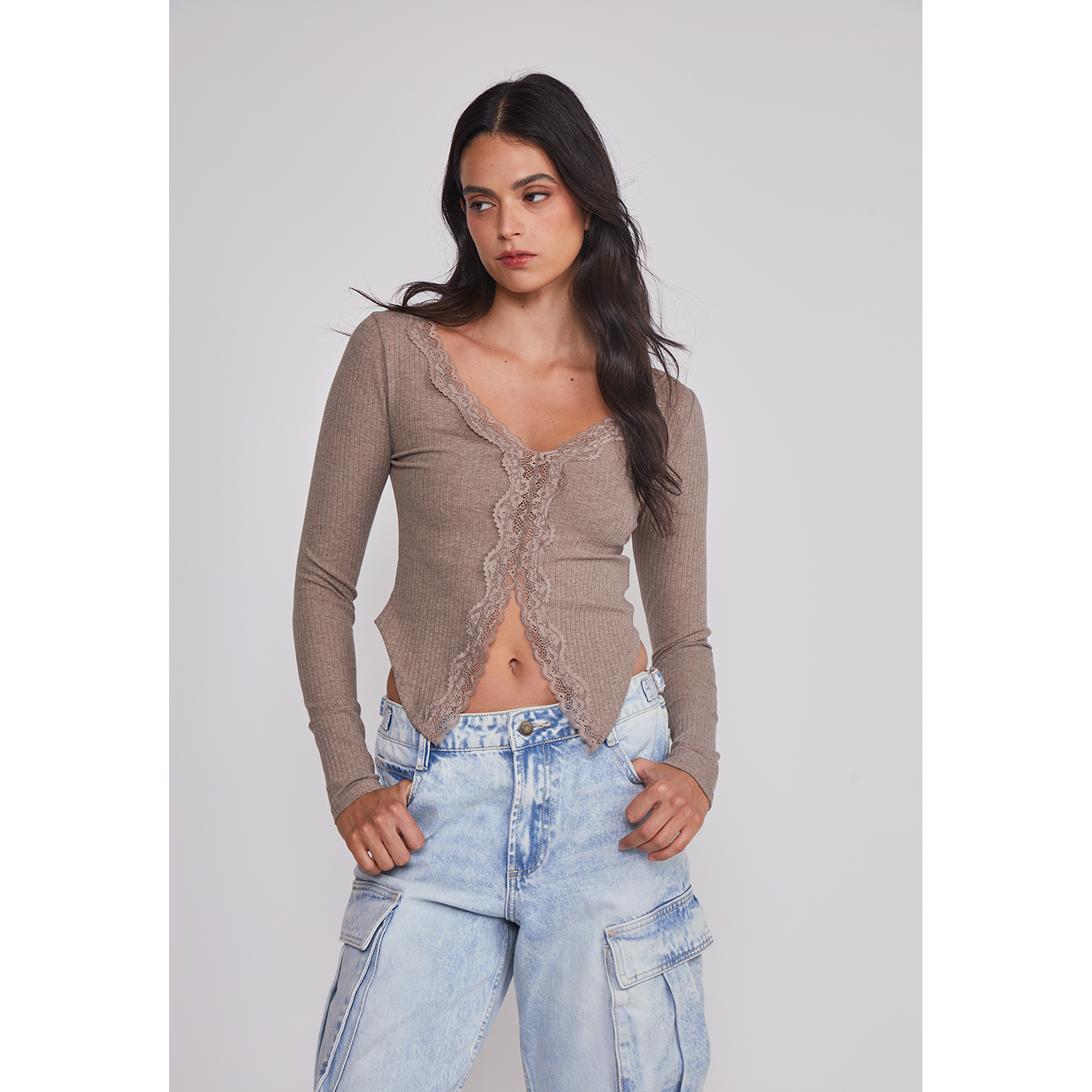 Polera Mujer Detalles Encaje Arena Sioux 1