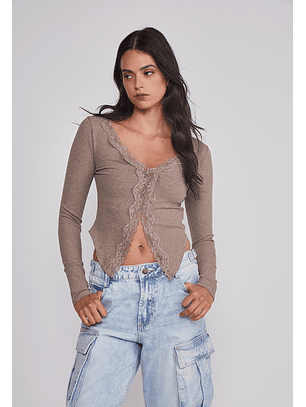 Polera Mujer Detalles Encaje Arena Sioux