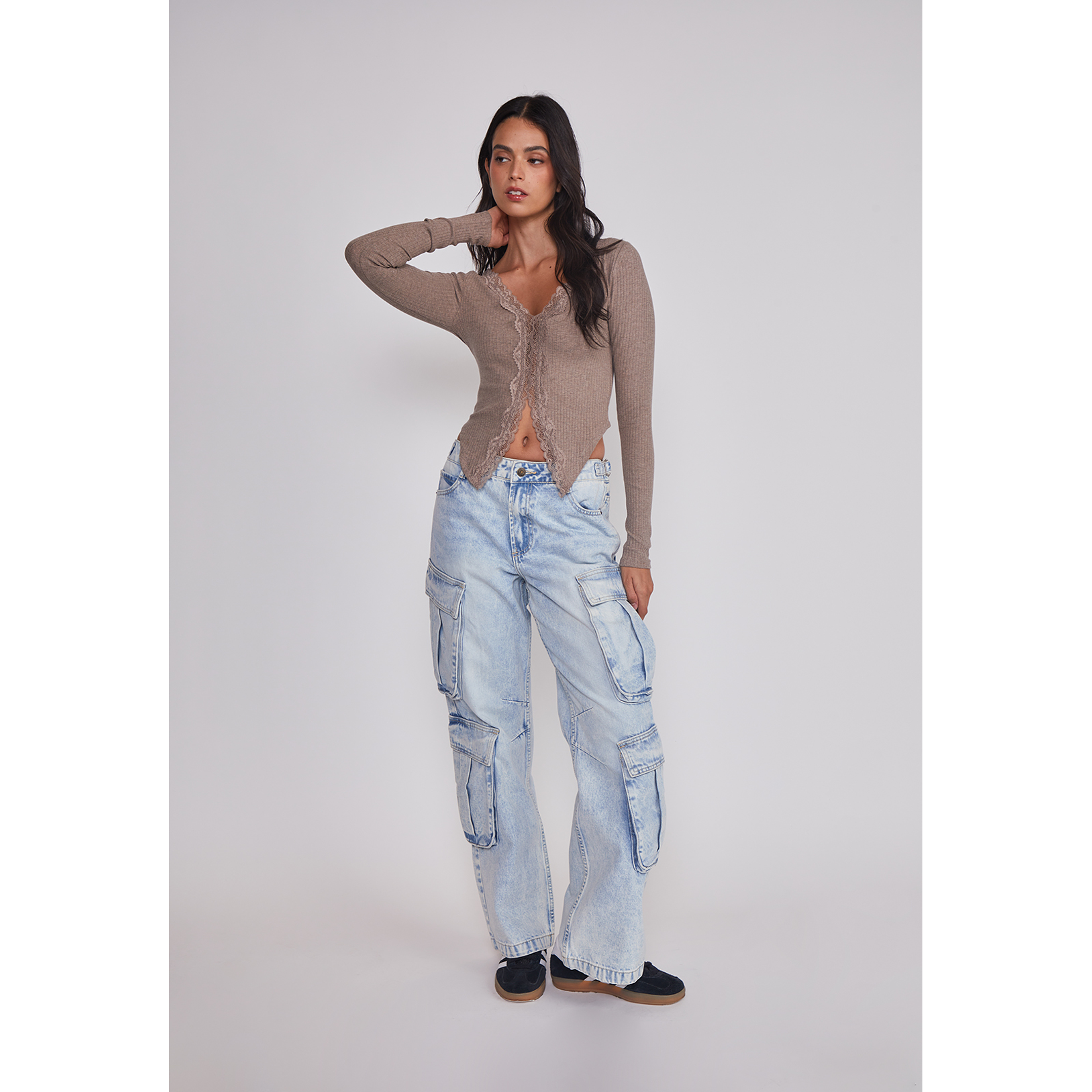 Polera Mujer Detalles Encaje Arena Sioux 5