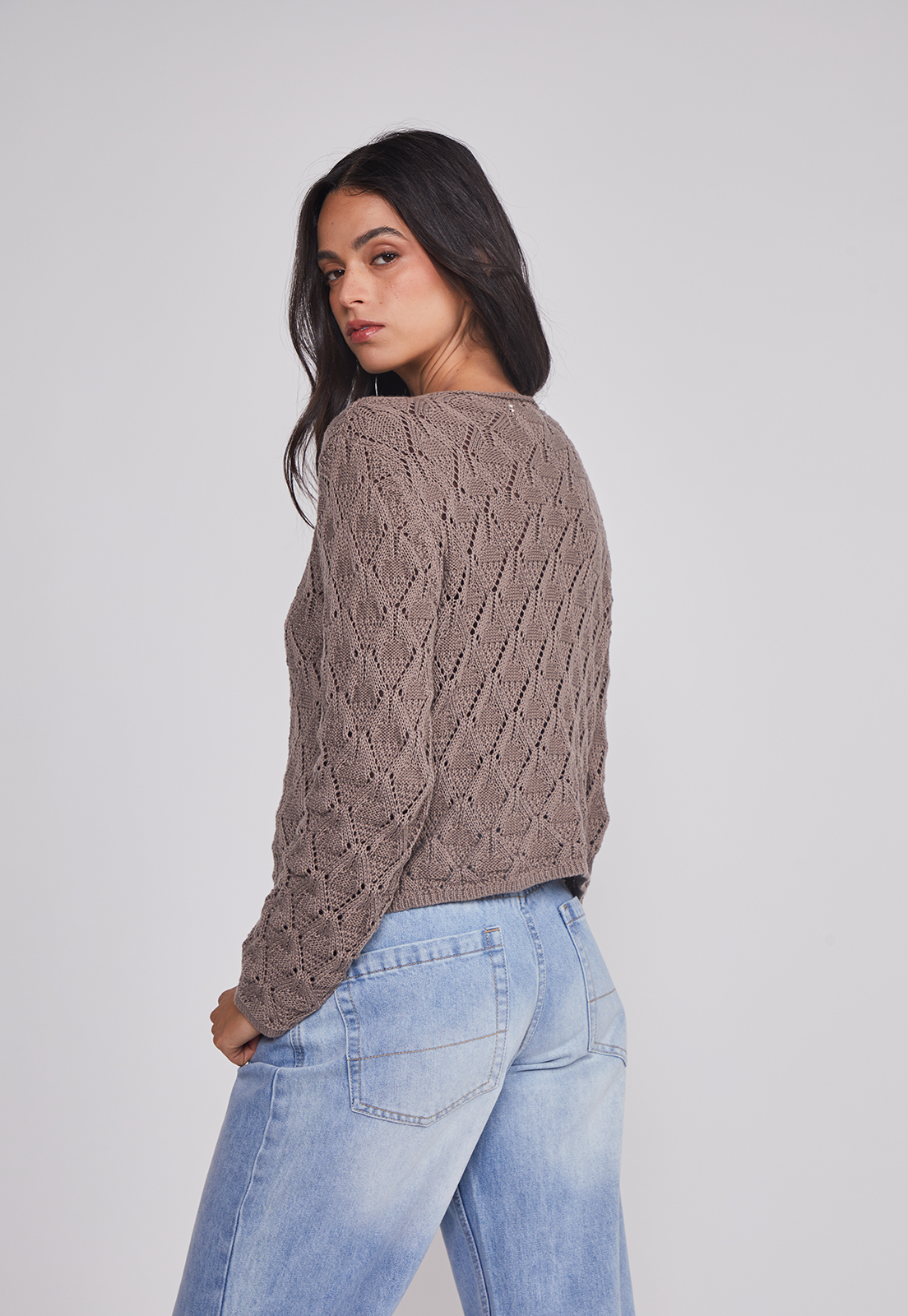 Sweater Mujer Calado Lazos Café Sioux 2