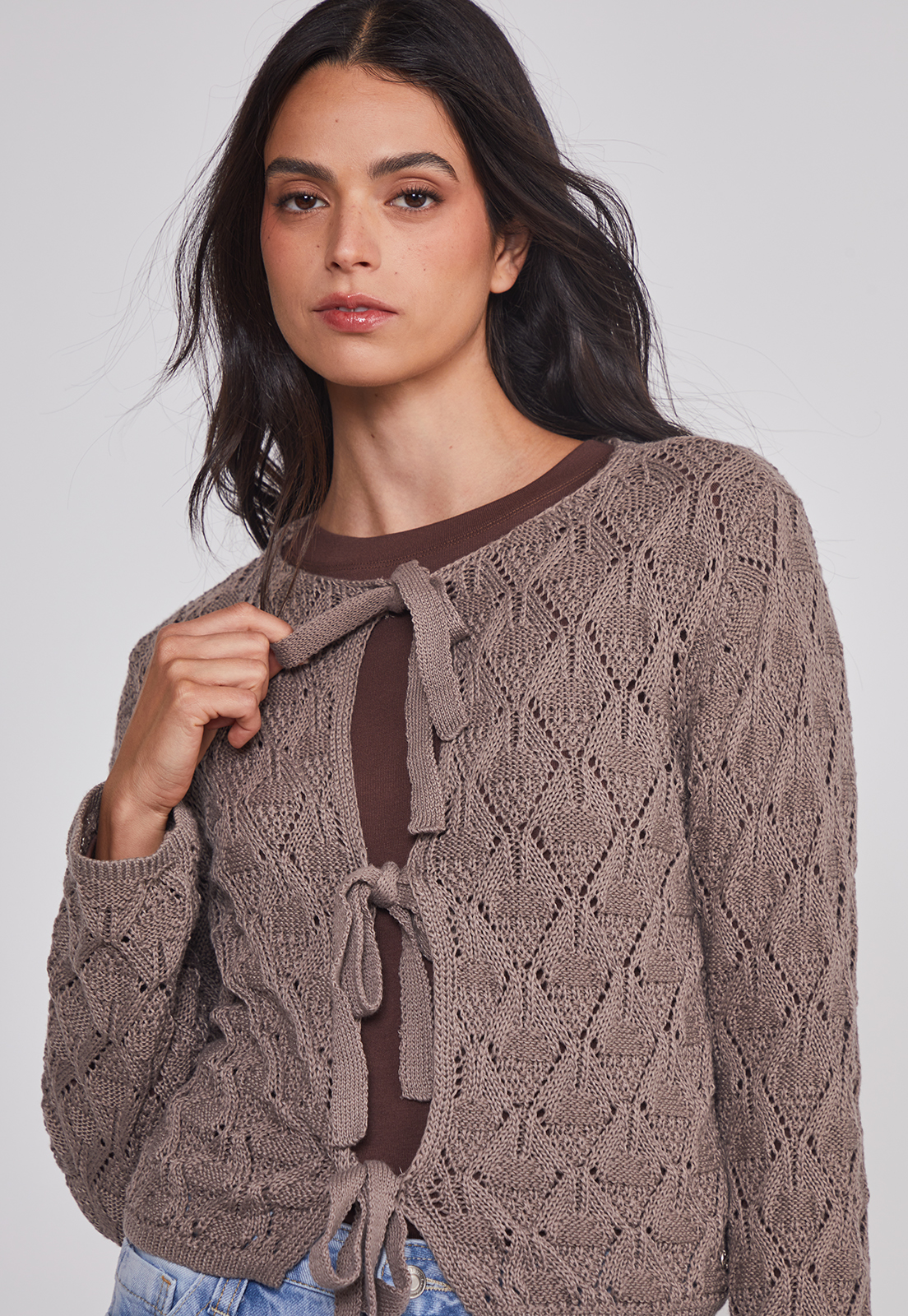 Sweater Mujer Calado Lazos Café Sioux 4