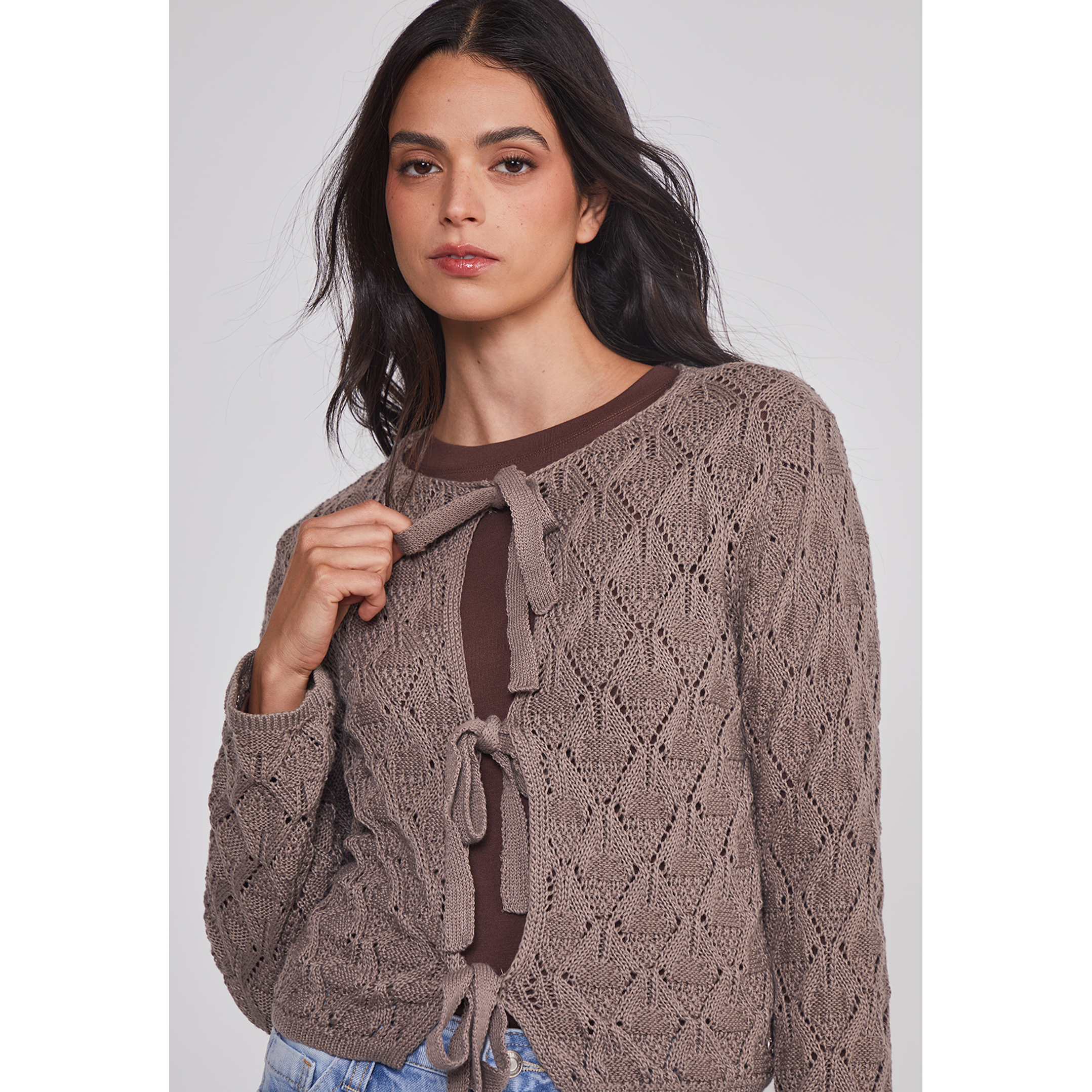 Sweater Mujer Calado Lazos Café Sioux 4