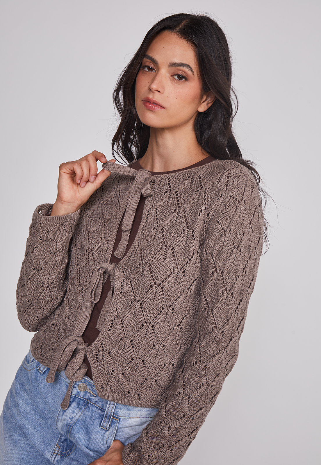 Sweater Mujer Calado Lazos Café Sioux 5