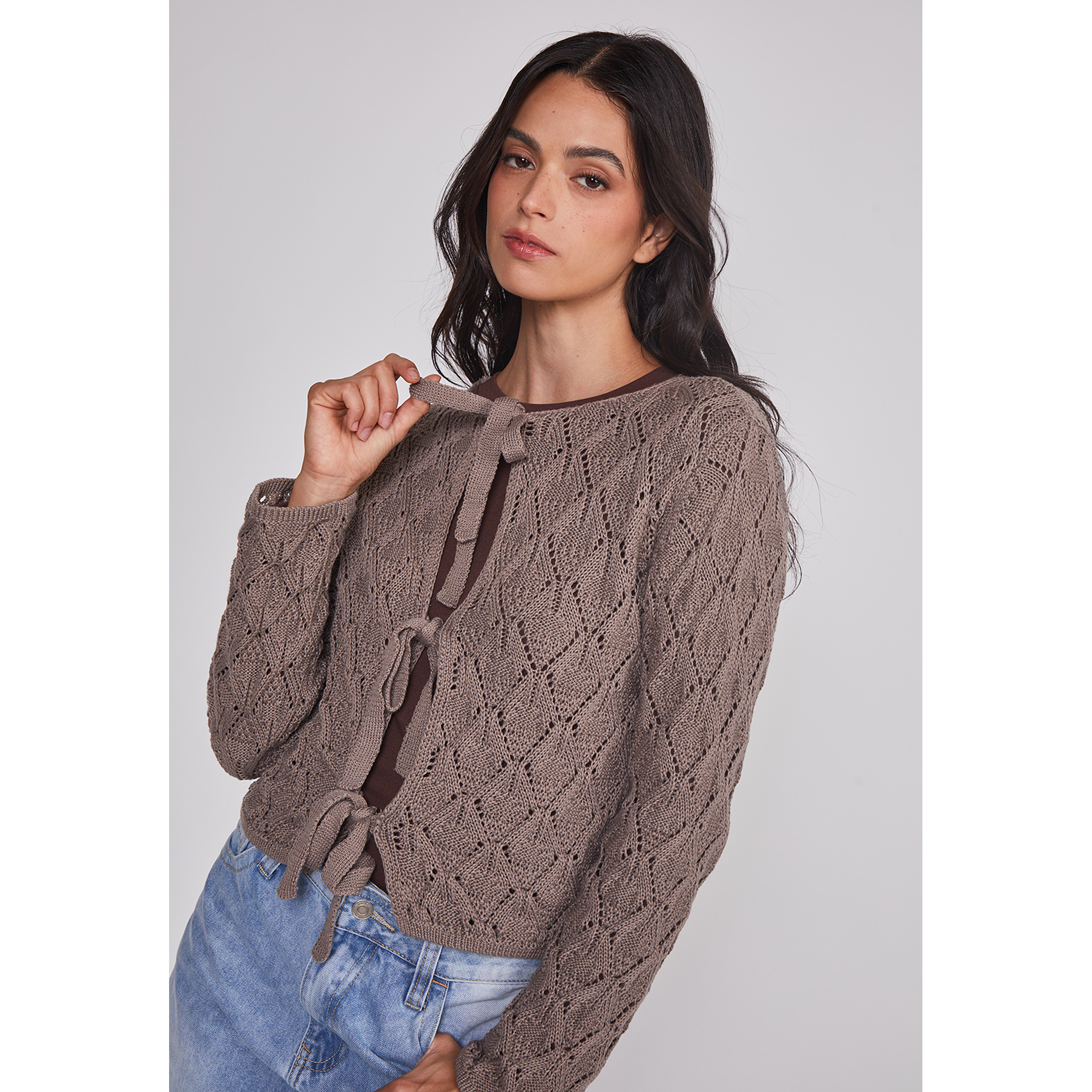 Sweater Mujer Calado Lazos Café Sioux 5