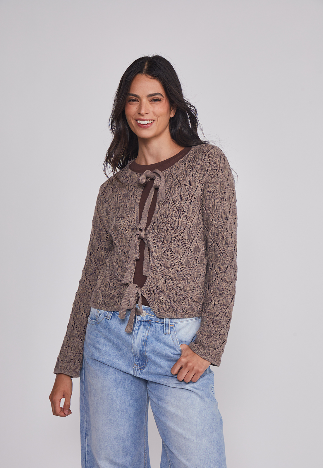 Sweater Mujer Calado Lazos Café Sioux 1