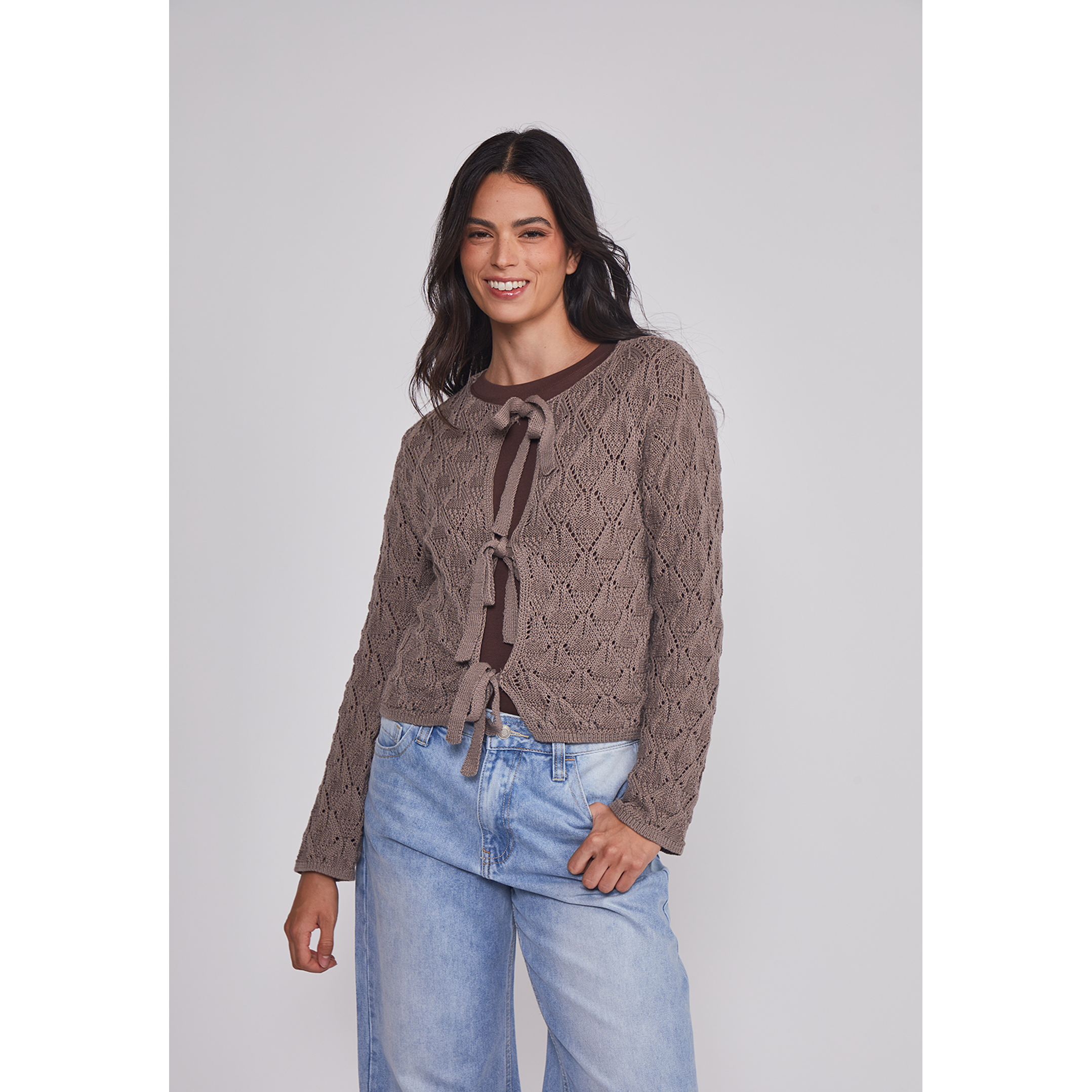 Sweater Mujer Calado Lazos Café Sioux 1