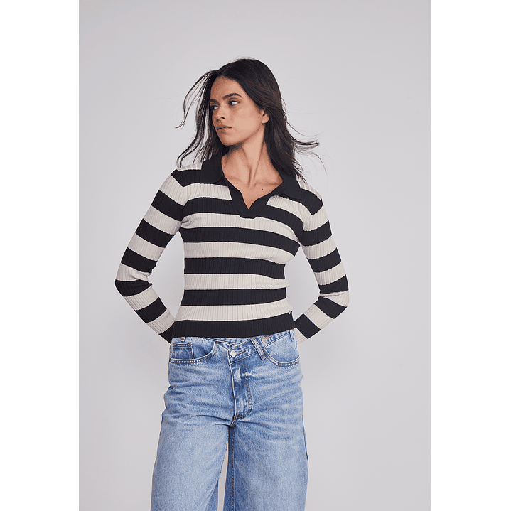 Sweater Mujer Cuello Polo Listado Negro Sioux 1