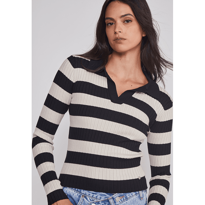 Sweater Mujer Cuello Polo Listado Negro Sioux 5