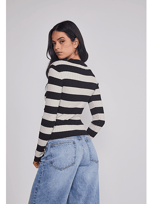 Sweater Mujer Cuello Polo Listado Negro Sioux