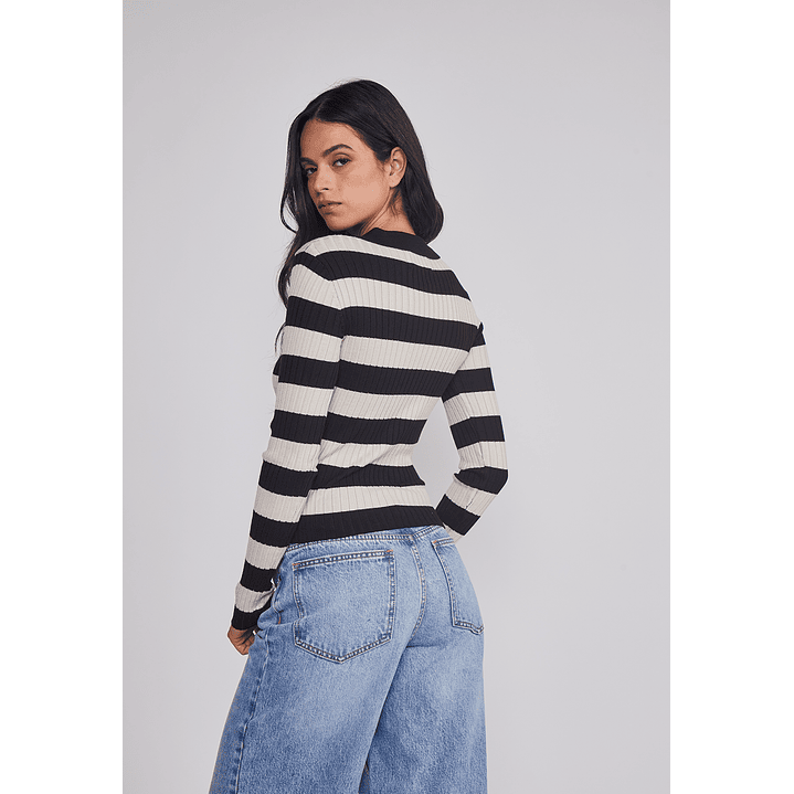 Sweater Mujer Cuello Polo Listado Negro Sioux 2