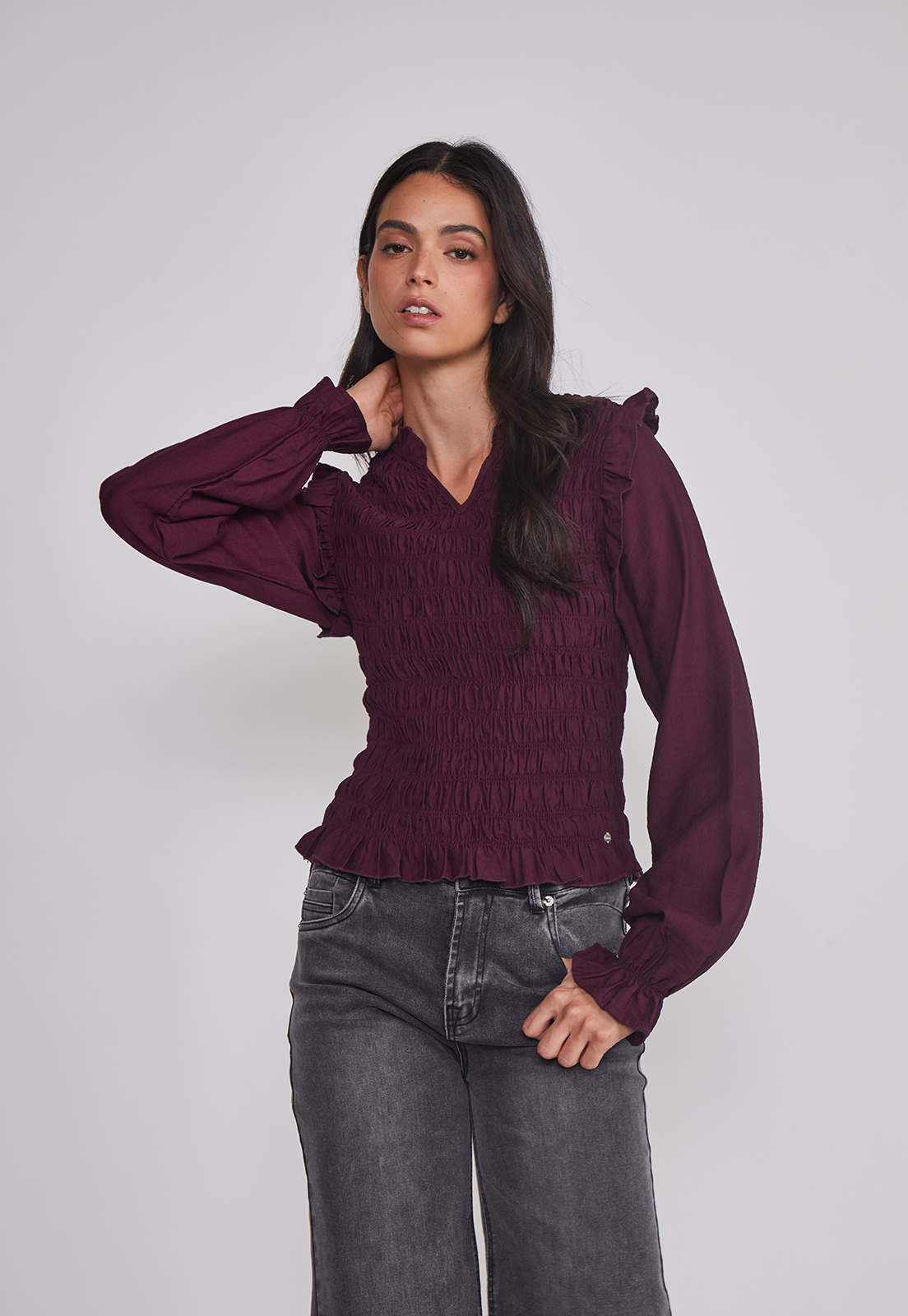 Blusa Mujer Manga Globo Burdeo Sioux 1