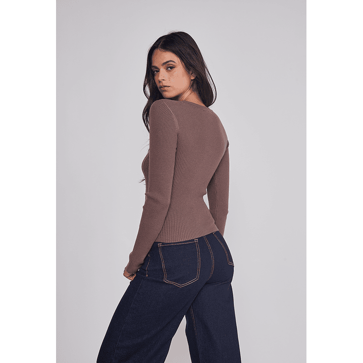 Sweater Mujer Acanalado Costura Café Sioux 2