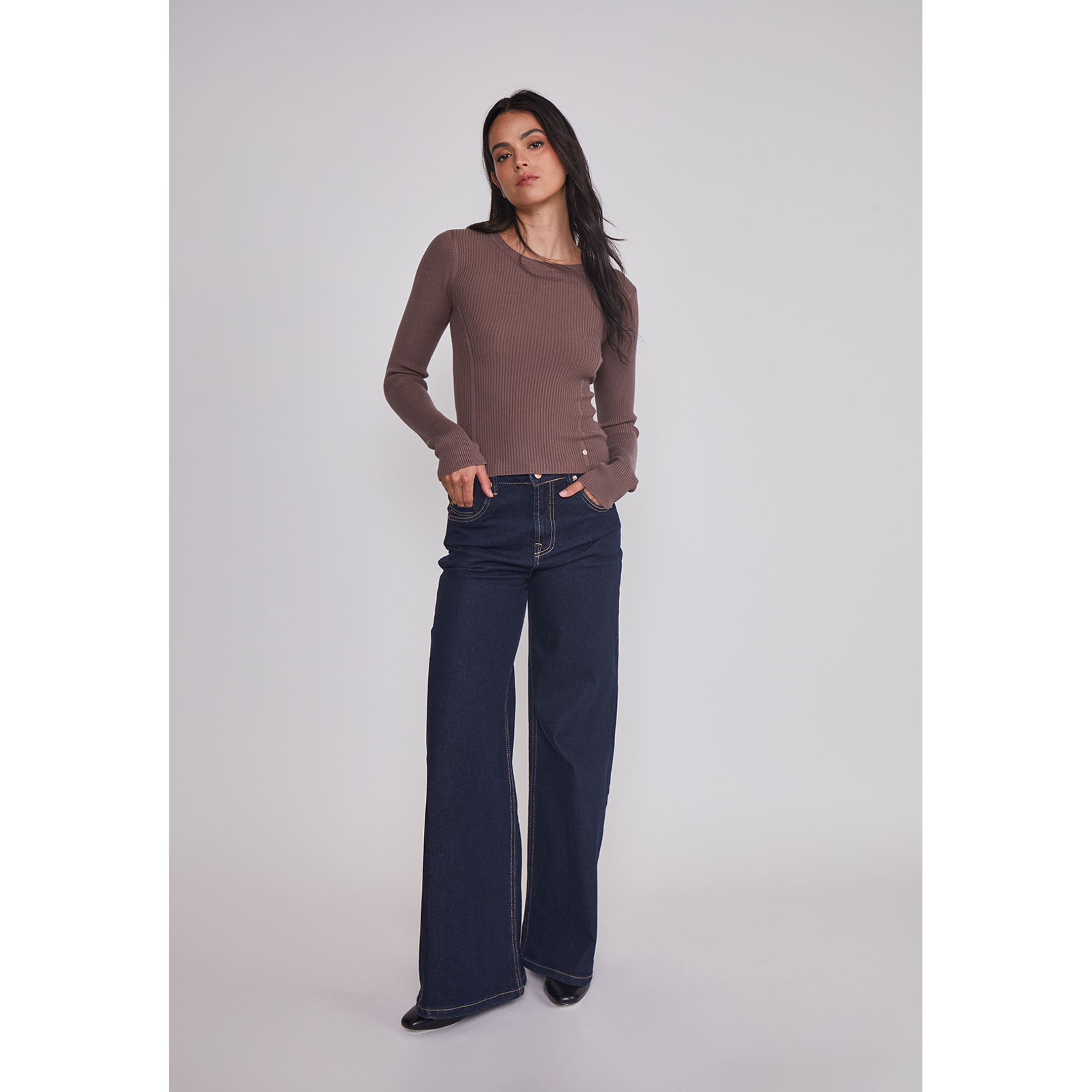 Sweater Mujer Acanalado Costura Café Sioux 3