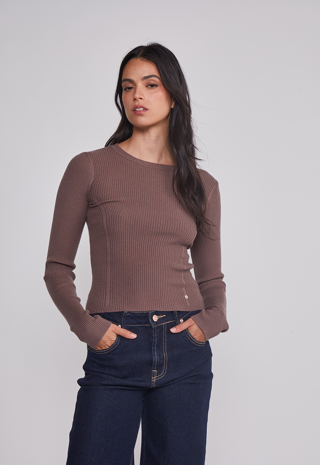 Sweater Mujer Acanalado Costura Café Sioux 1