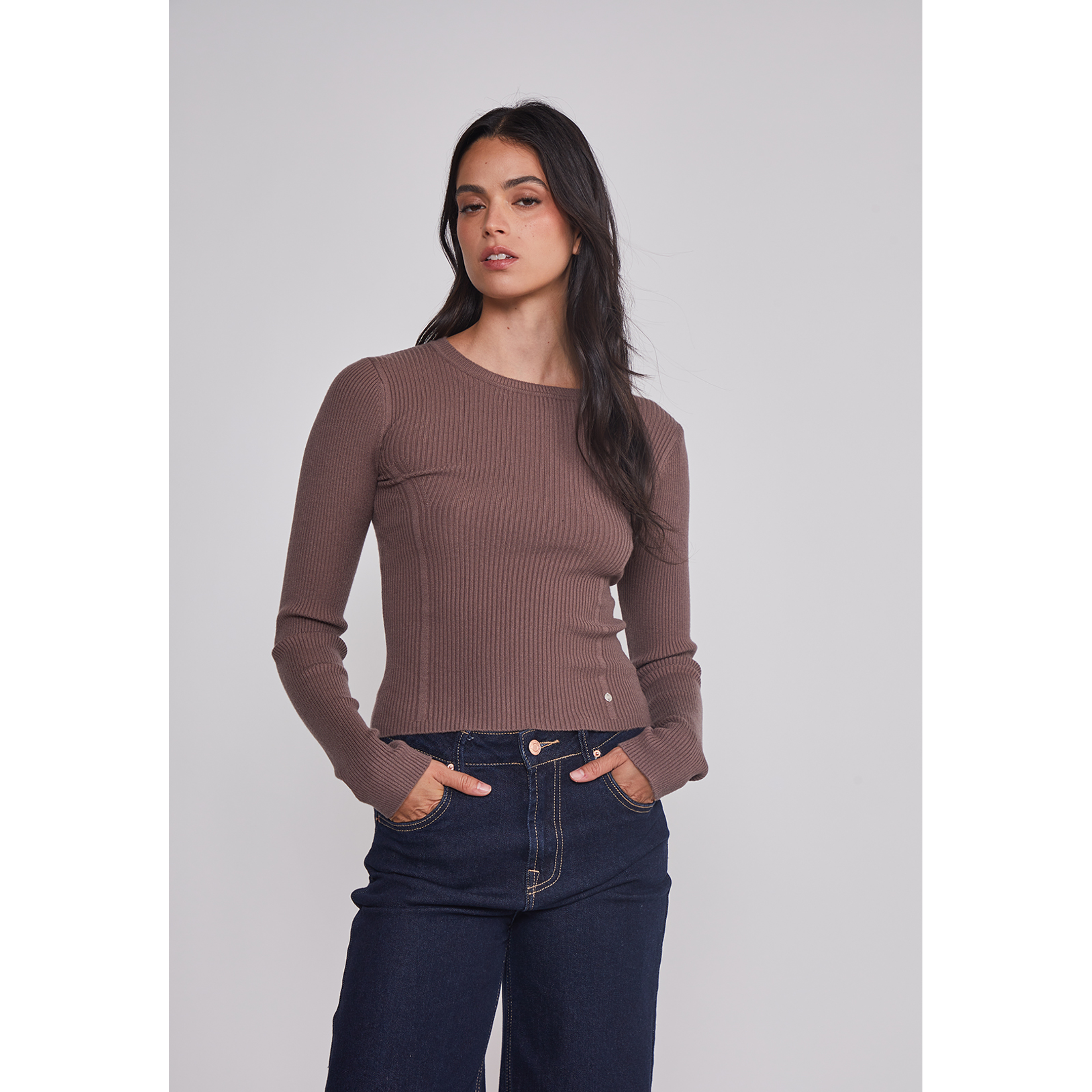 Sweater Mujer Acanalado Costura Café Sioux 1
