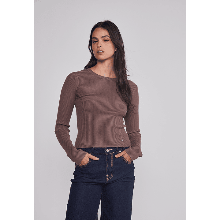 Sweater Mujer Acanalado Costura Café Sioux 1