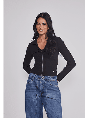 Polera Mujer Con Cuello Cierre Negro Sioux